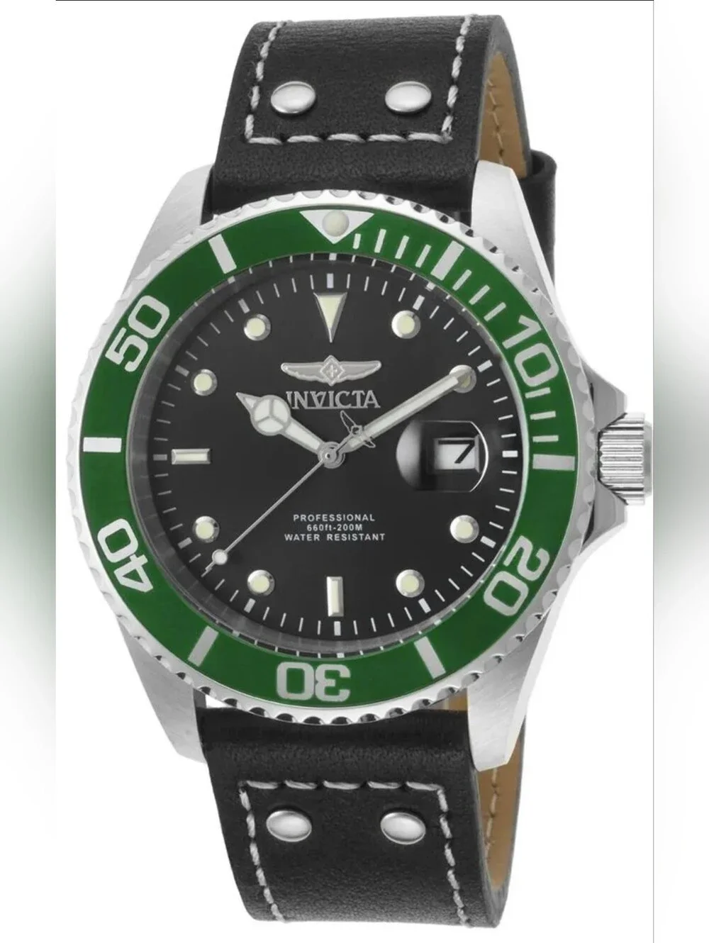 NWT Invicta Pro Diver Men's Watch - 43mm. Black Green 22072 Leather Strap